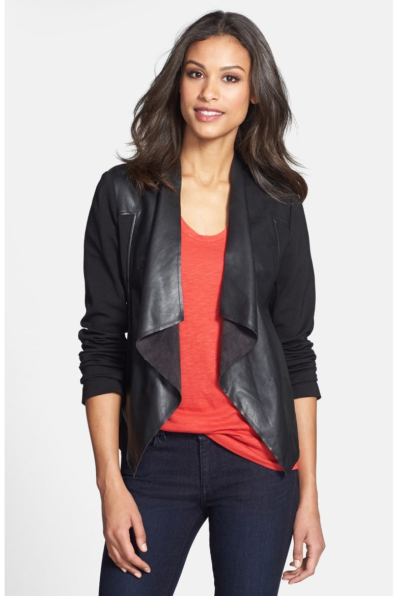'Lincoln' Faux Leather Drape Front Jacket, Main, color, BLACK
