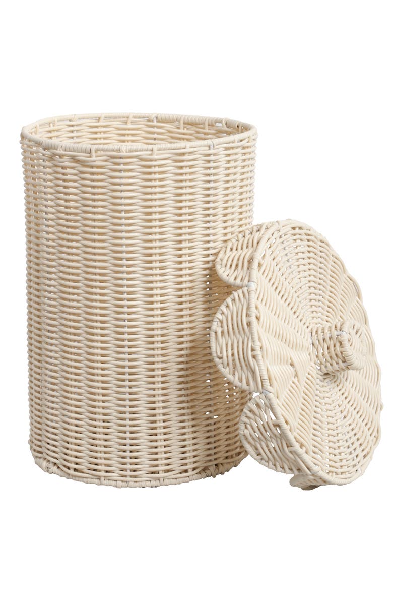 HAPPIMESS Fern Resin 2.9-Gallon Cylinder Wicker Watebasket with Scalloped Lid, Main, color, White