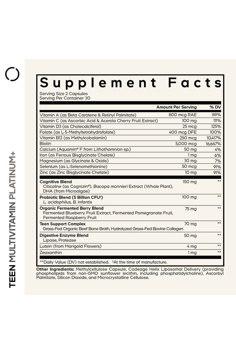 Teen Multivitamin+ Platinum, Vitamin A, E, B12, K2, Citicoline Supplement, Alternate, color, White