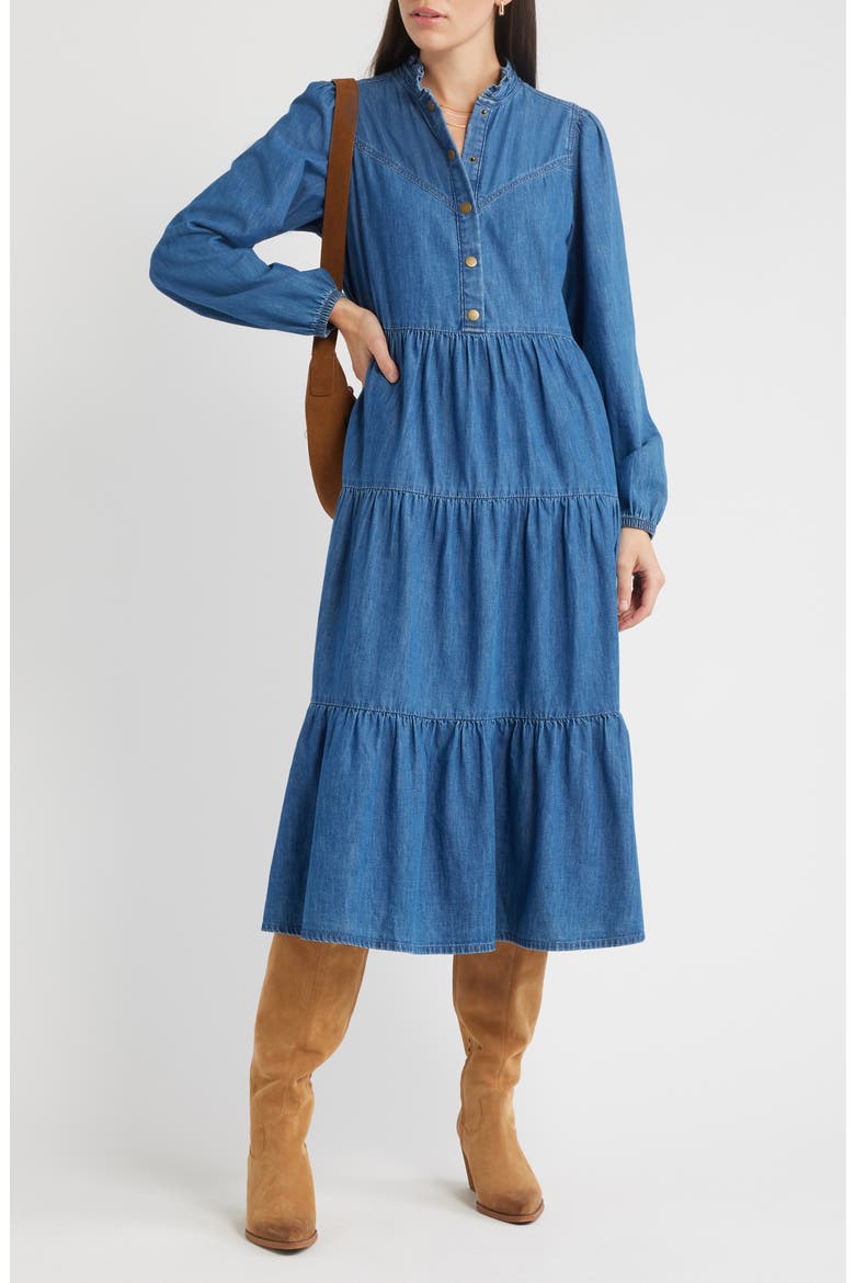 Long Sleeve Tiered Cotton Chambray Maxi Dress, Alternate, color, MEDIUM WASH