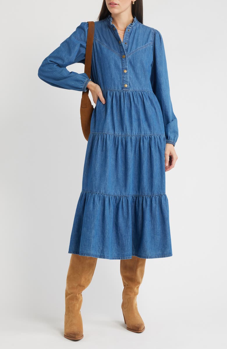 Treasure & Bond Long Sleeve Tiered Cotton Chambray Maxi Dress, Alternate, color, Medium Wash