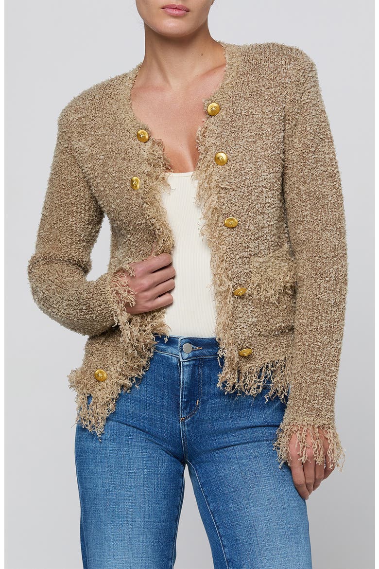 Mireille Fringe Trim Cardigan, Alternate, color, NATURAL