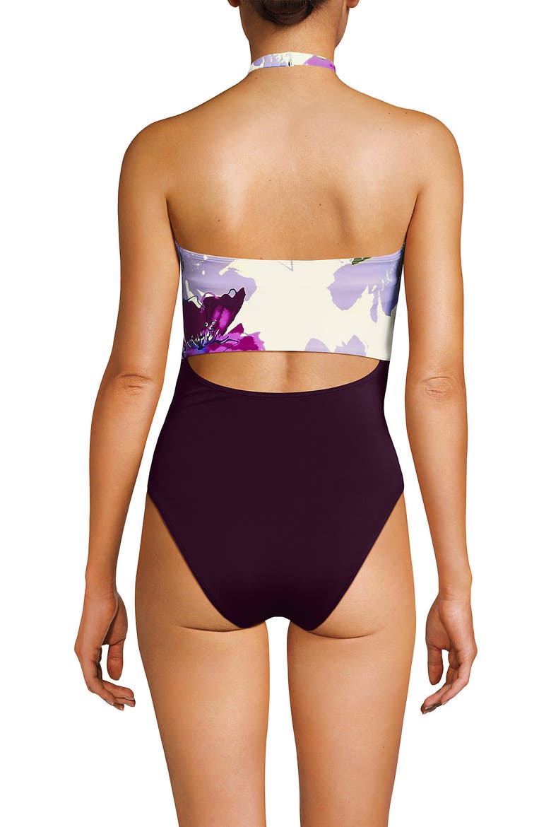 Tugless Halter Monokini High Leg One Piece Swimsuit, Alternate, color, Egret/Berry Etched Floral
