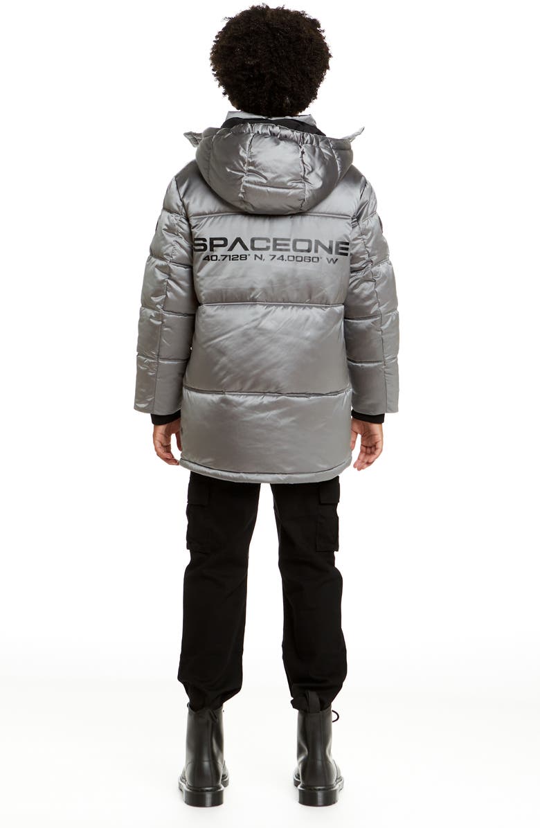 Andy & Evan x SPACEONE Kids' Galactic Reversible Hooded Puffer Jacket, Alternate, color, Moon Grey