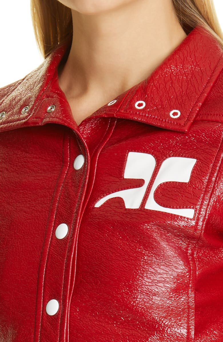 Courrèges Logo Patch Coated Stretch Cotton Crop Jacket, Alternate, color, Groseille