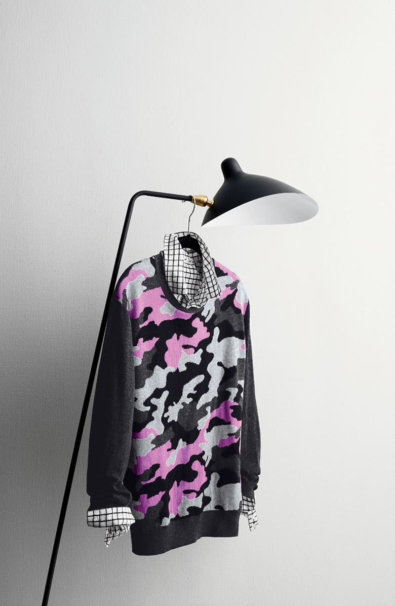 Halogen<sup>®</sup> Camo Front Zip Back Crewneck Sweater, Alternate, color, 