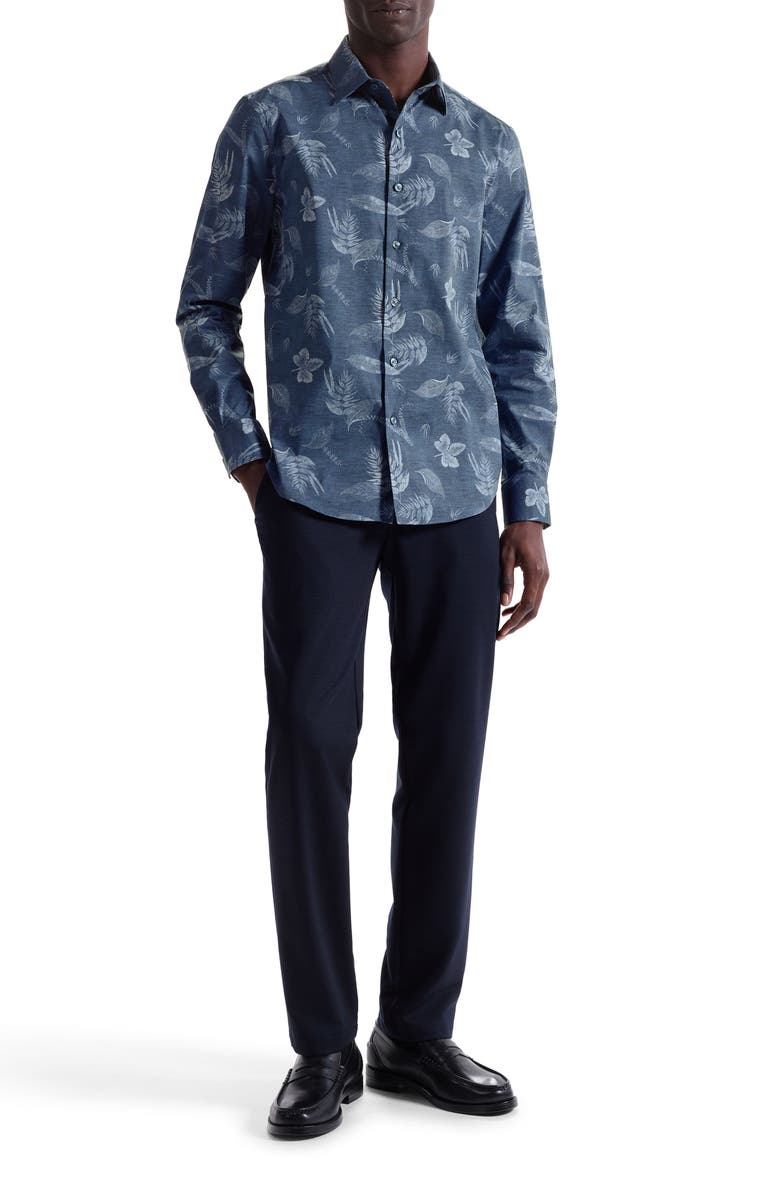 Bugatchi Julian Shaped Fit Leaf Print Stretch Cotton Button-Up Shirt, Alternate, color, Navy