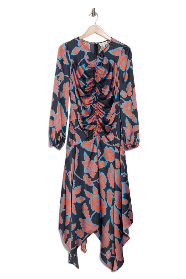 Floral Long Sleeve Ruched Midi Dress, Alternate, color, NAVY RED FLORAL