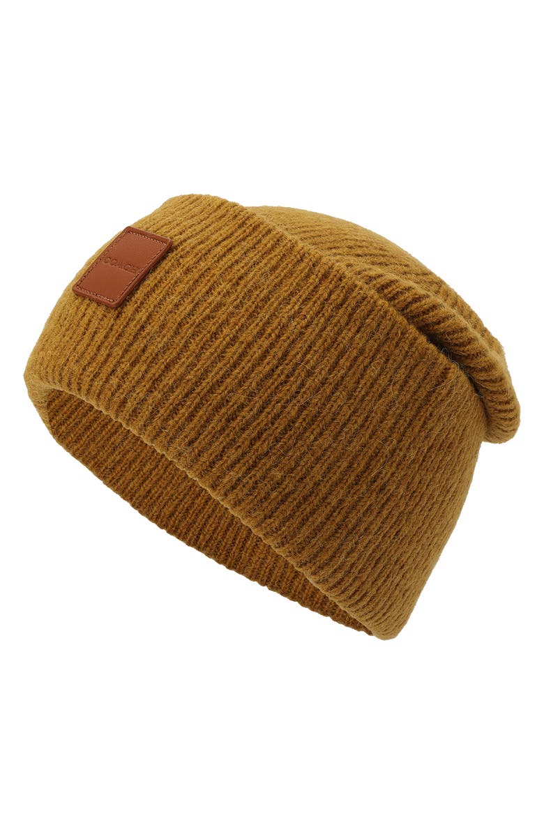 COACH Leather Patch Rib Beanie, Alternate, color, Honey Brown