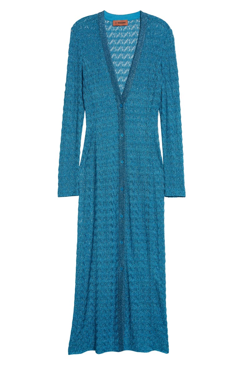 Raschel Lamé Lace Longline Cardigan, Alternate, color, TURQUOISE LAM LIGHT BLUE