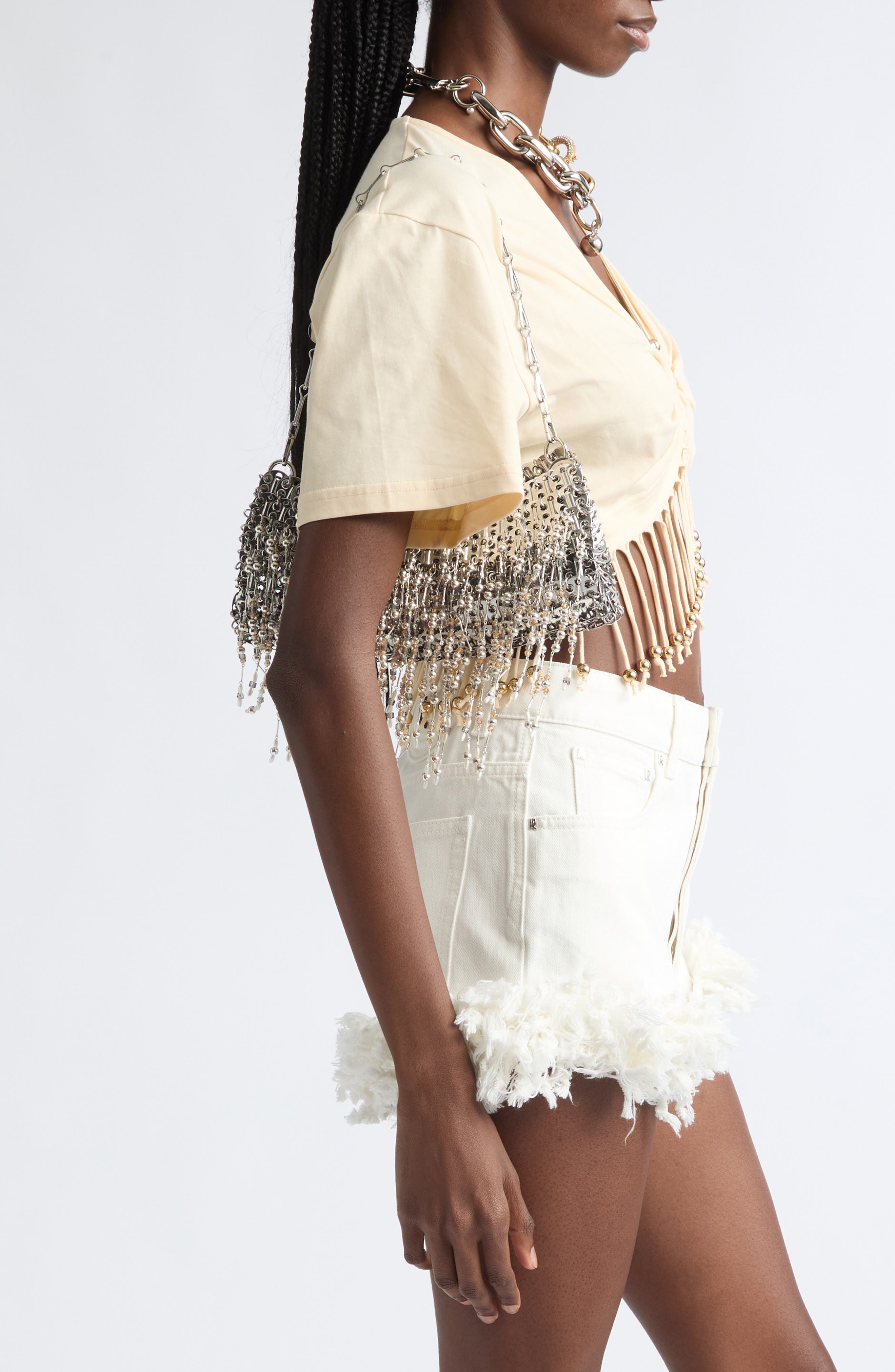 1969 Beaded & Faux Pearl Fringe Shoulder Bag, Alternate, color, NACRE / GRIS