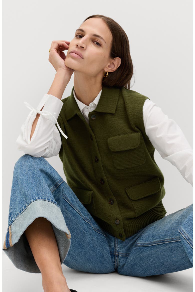 Polo Collar Sweater Vest, Alternate, color, DARK KHAKI