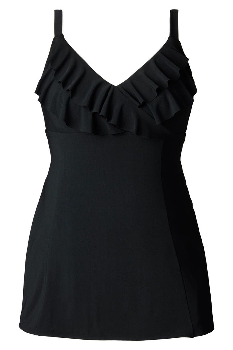 Ruffle Long Torso Swim Dress, Alternate, color, Black