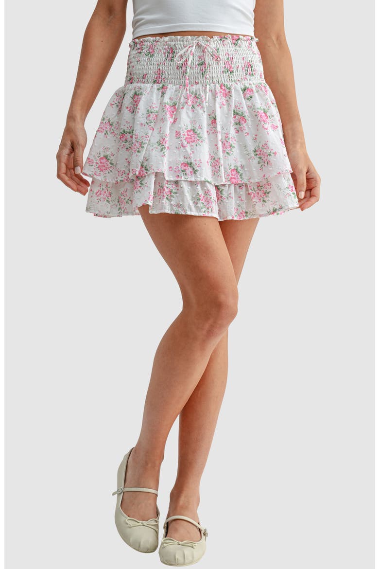 Smocked Waist Ruffle Miniskirt, Main, color, WHITE PINK FLORAL