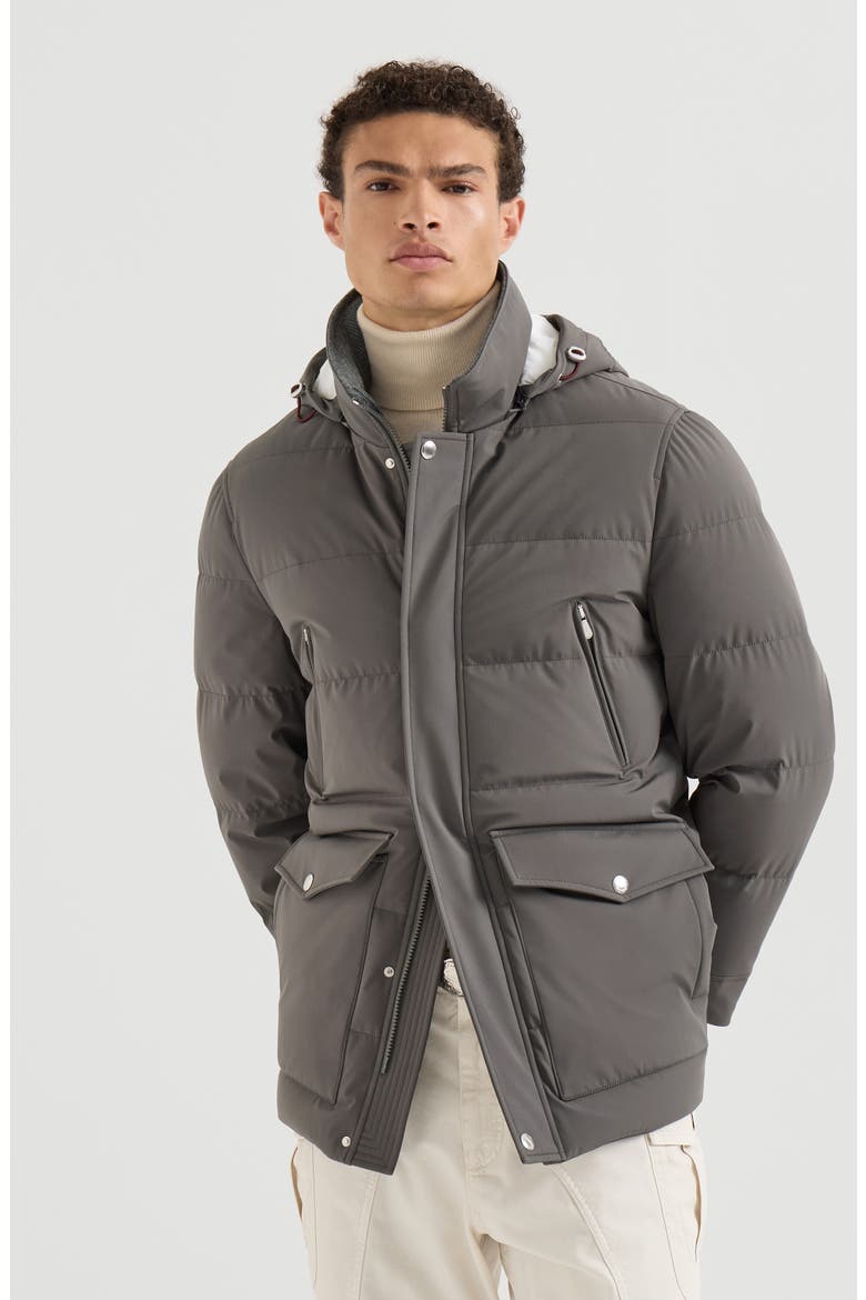 Stretch bonded nylon down parka with detachable hood, Main, color, Lead