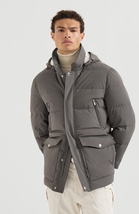 Stretch bonded nylon down parka with detachable hood
