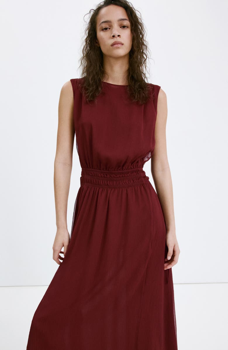 MANGO Sleeveless Gathered Waist Dress, Alternate, color, Burgundy