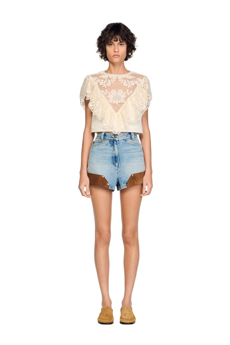 Floral guipure crop top, Alternate, color, Vanilla
