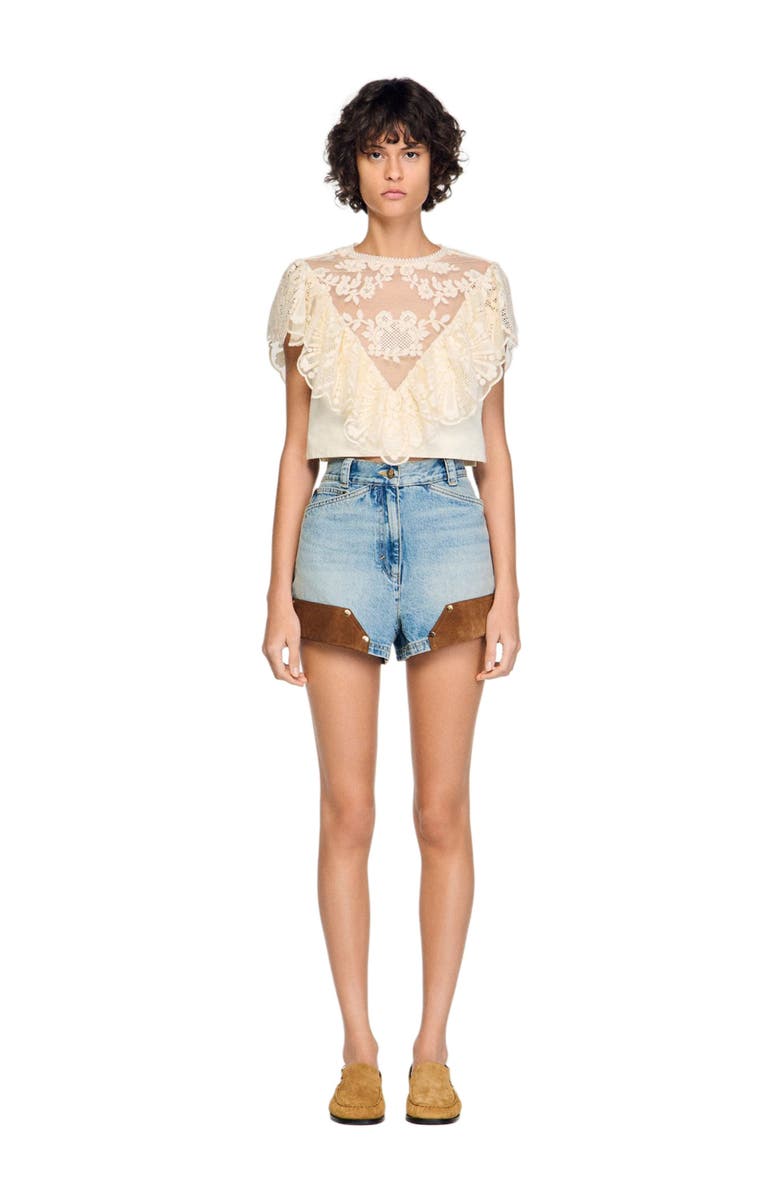 SANDRO Floral guipure crop top, Alternate, color, Vanilla