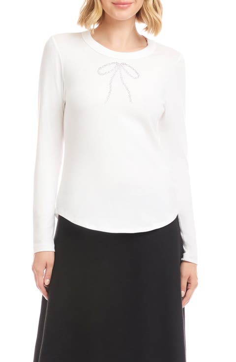 Embellished Rhinestone Bow Long Sleeve T-Shirt