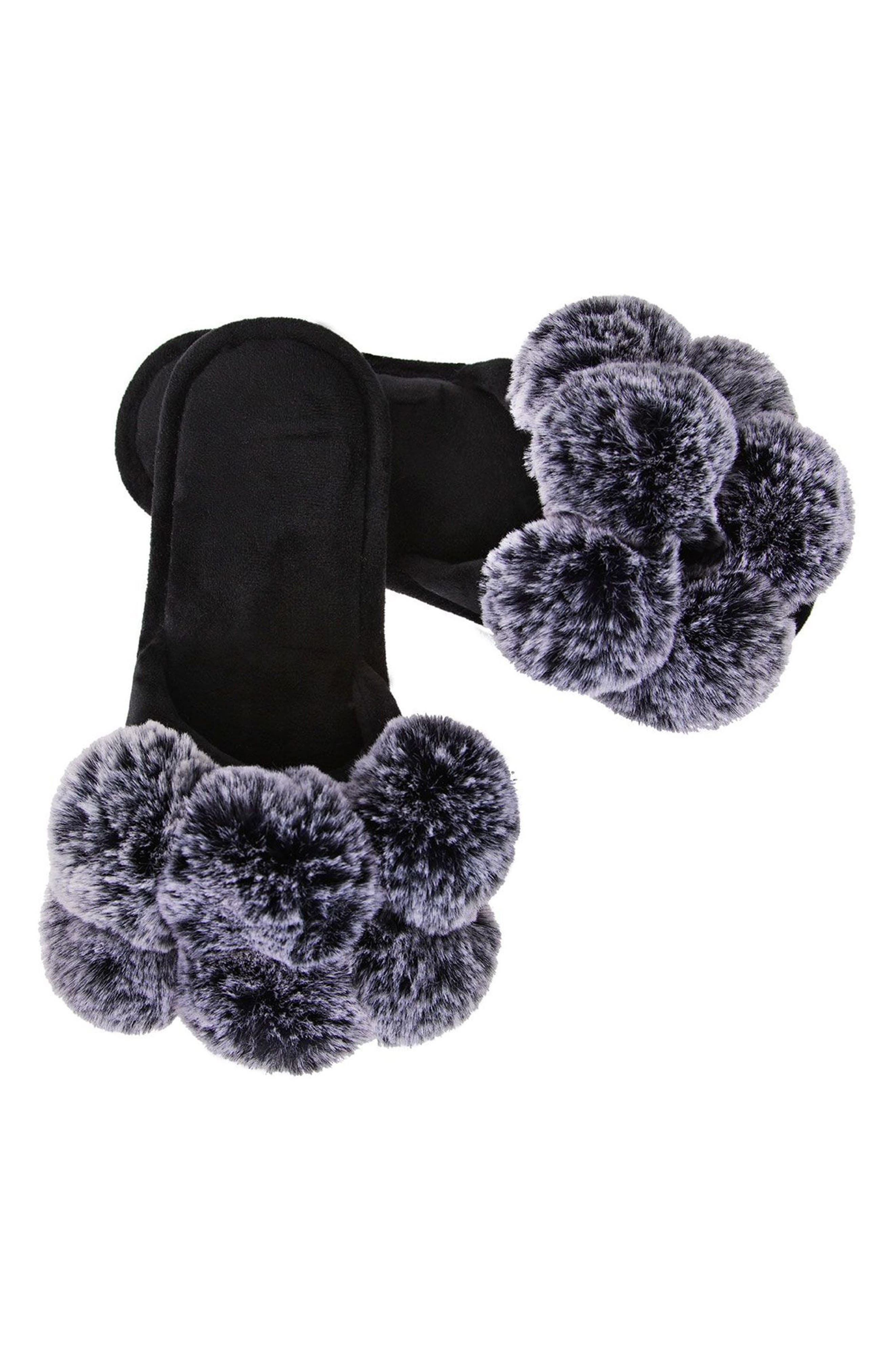 Luxe Faux Fur Pom Memory Foam Slipper, Alternate, color, BLACK