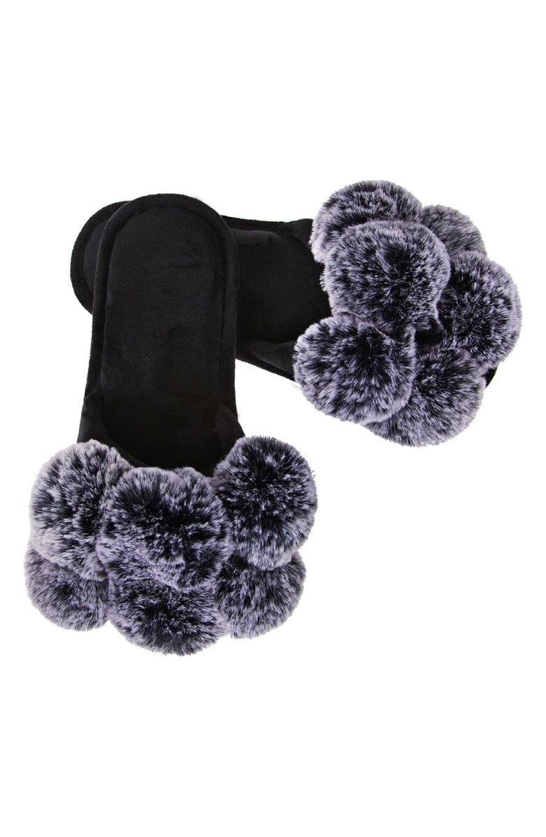 MeMoi Luxe Faux Fur Pom Memory Foam Slipper, Alternate, color, Black