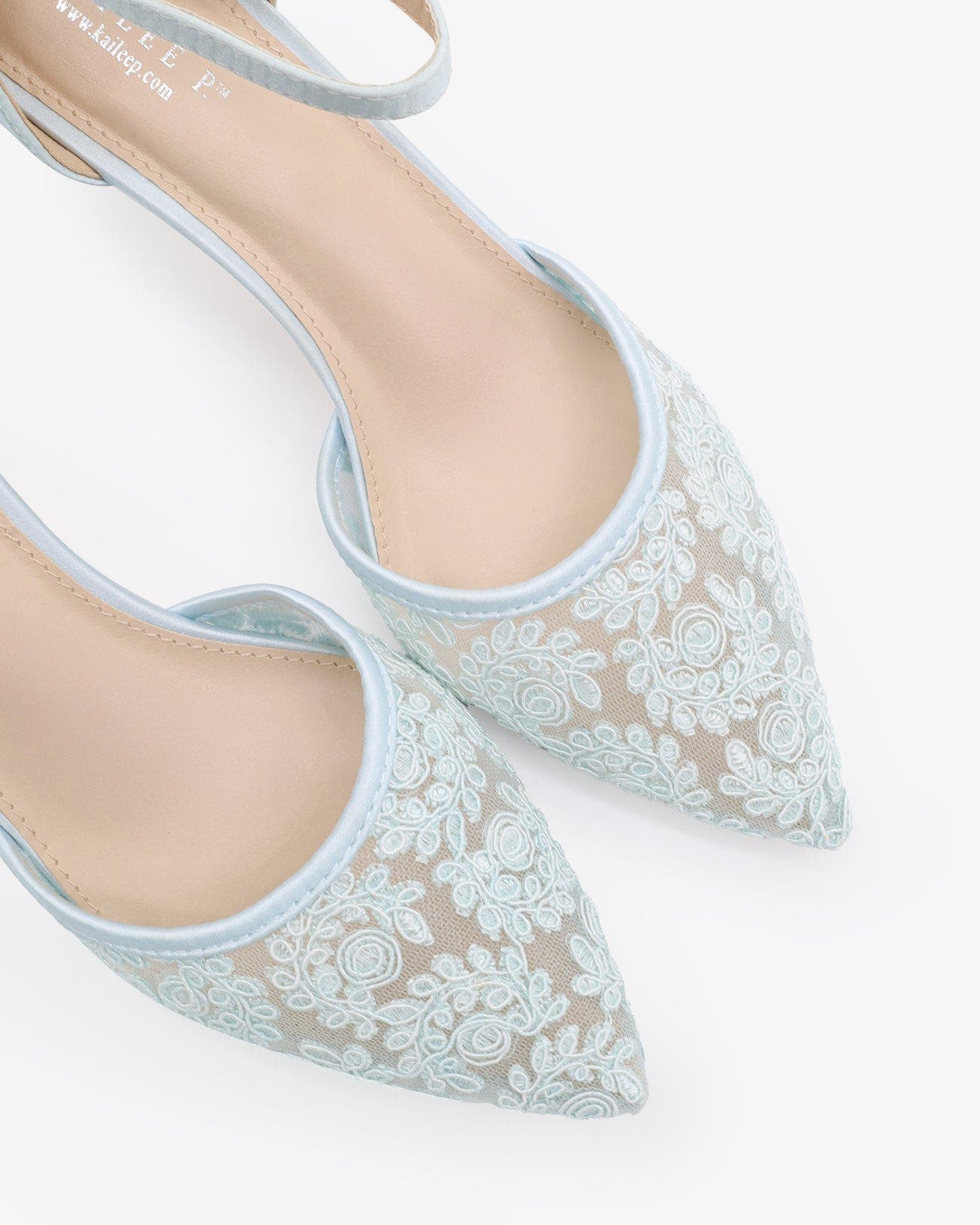 Claudia Crochet Lace pointed toe Wedding Kitten Low Heel, Alternate, color, Light Blue