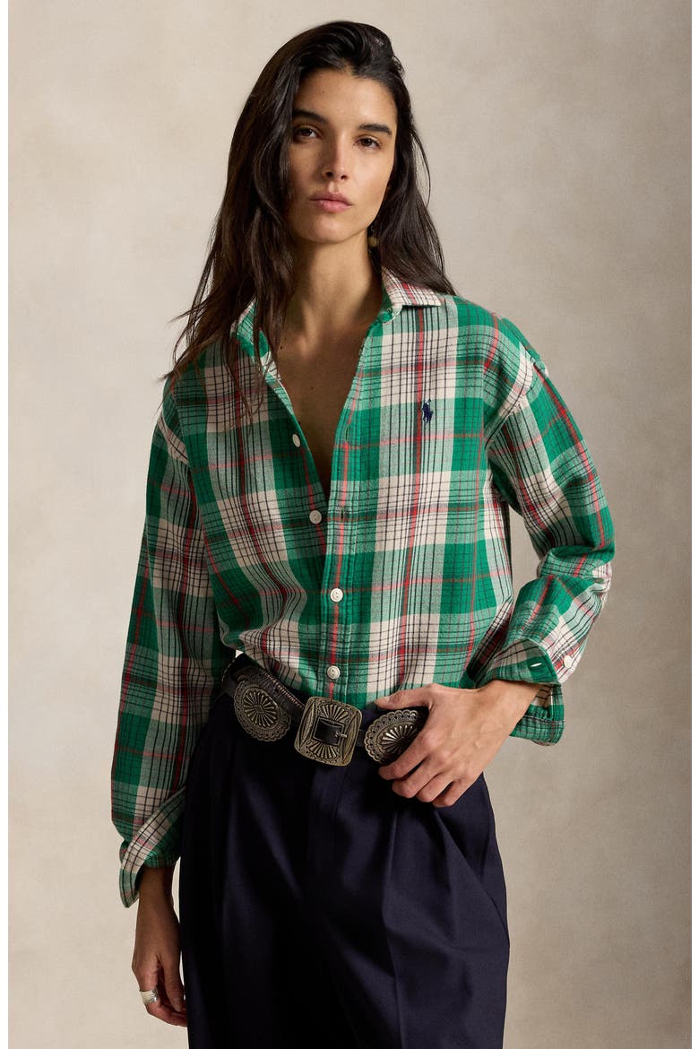 Relaxed Fit Plaid Shirt, Alternate, color, GREEN-CREAM MULTI
