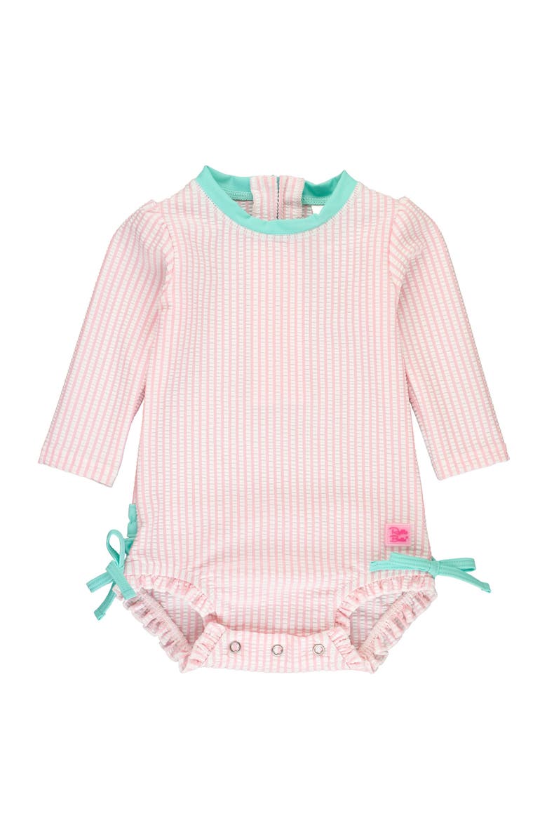RuffleButts Girls Seersucker Long Sleeve UPF50+ One Piece Rash Guard, Main, color, Pink Seersucker