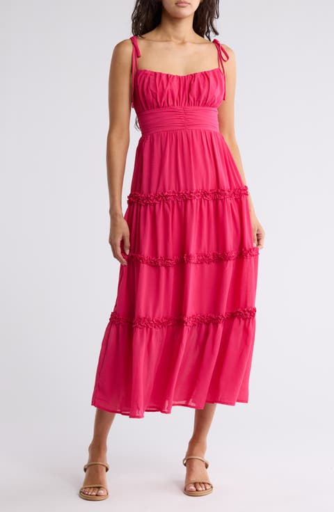 Tiered Ruffle Shoulder Tie Midi Dress
