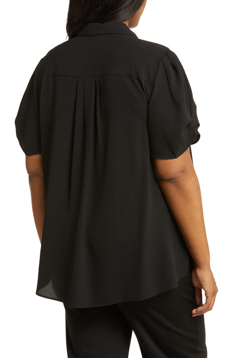 Adrianna Papell Gathered Short Sleeve Button-Up Shirt, Alternate, color, Black