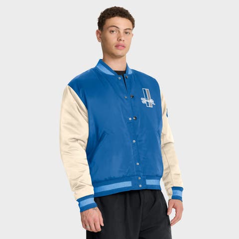 Men's Nike Blue/Cream Detroit Lions Rewind Legacy Full-Snap Bomber Jacket