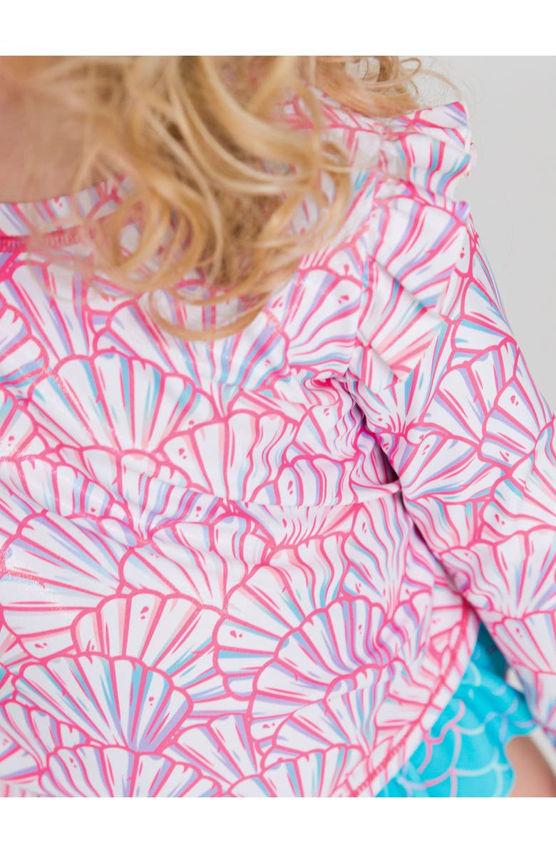 RuffleButts Baby/Toddler Girls UPF50+ Sun Protected Skirted Flutter Long Sleeve Rash Guard Bikini, Alternate, color, Pink Magical Mermaids