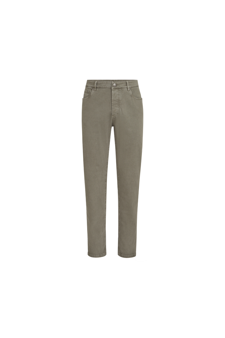Garment-dyed comfort lightweight denim traditional fit five-pocket trousers, Alternate, color, Military