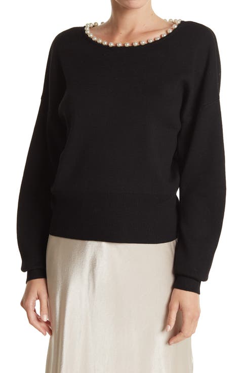 Pearly Bead Trim Crew Neck Dolman Crop Sweater