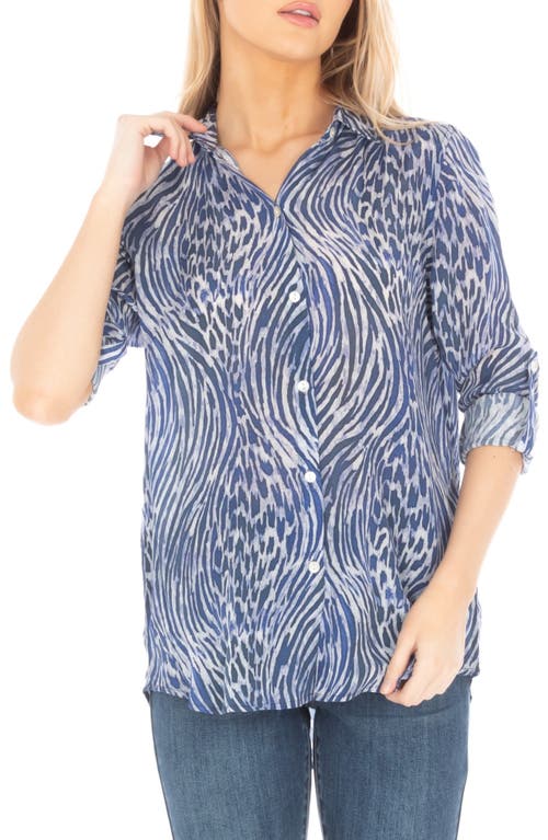 Apny Print Roll Tab Sleeve Button-up Shirt In Dark Blue Multi