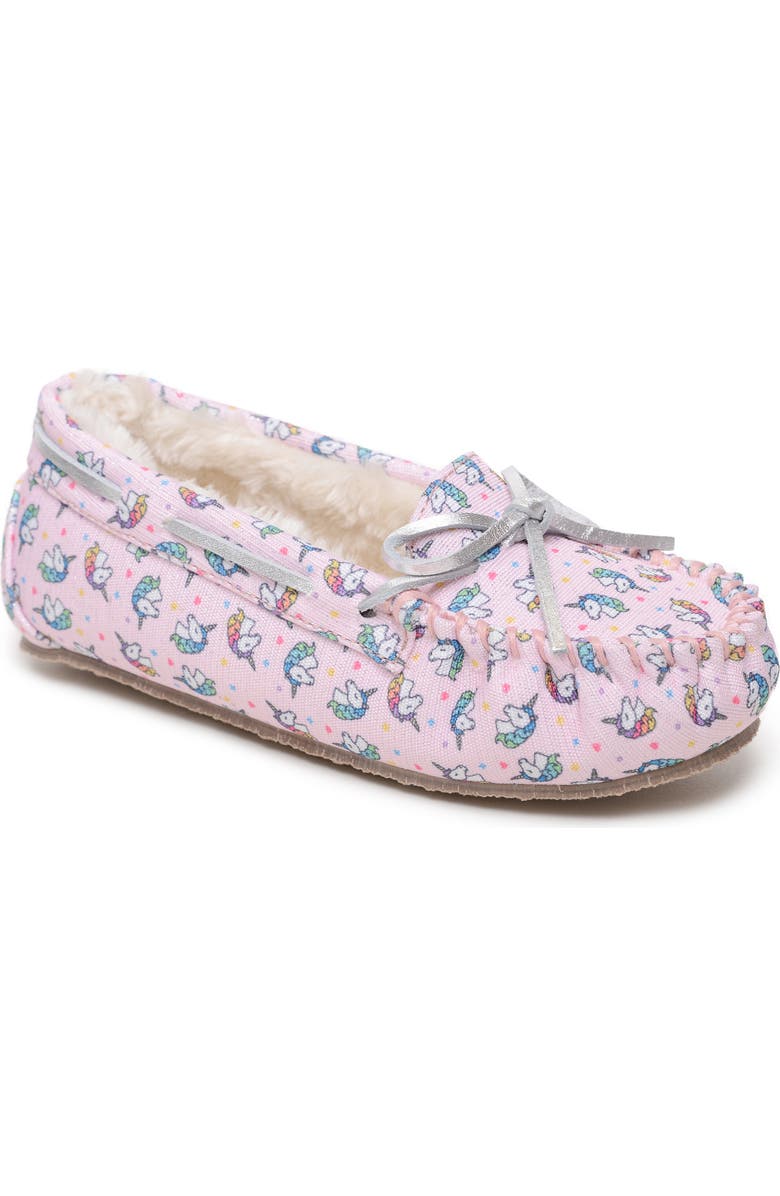 Minnetonka Unicorn Faux Fur Lined Driving Shoe, Main, color, Pink Unicorn