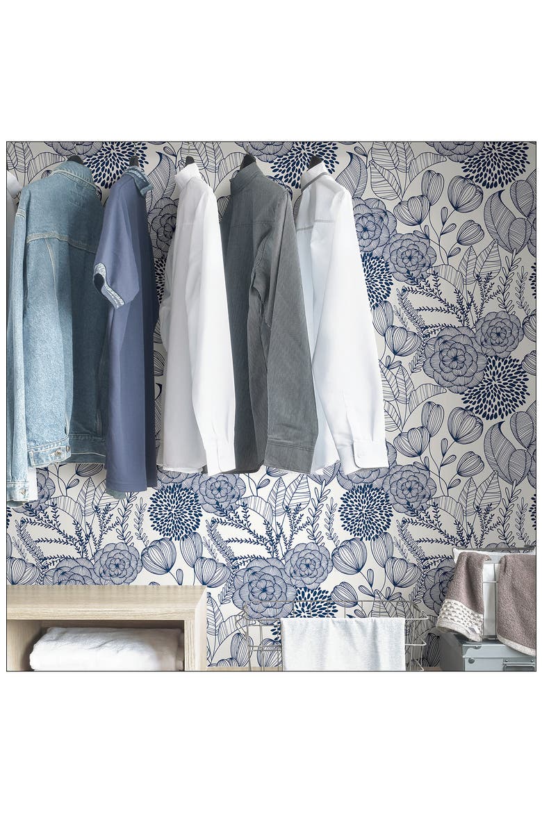 Navy Secret Garden Peel & Stick Wallpaper, Alternate, color, BLUE