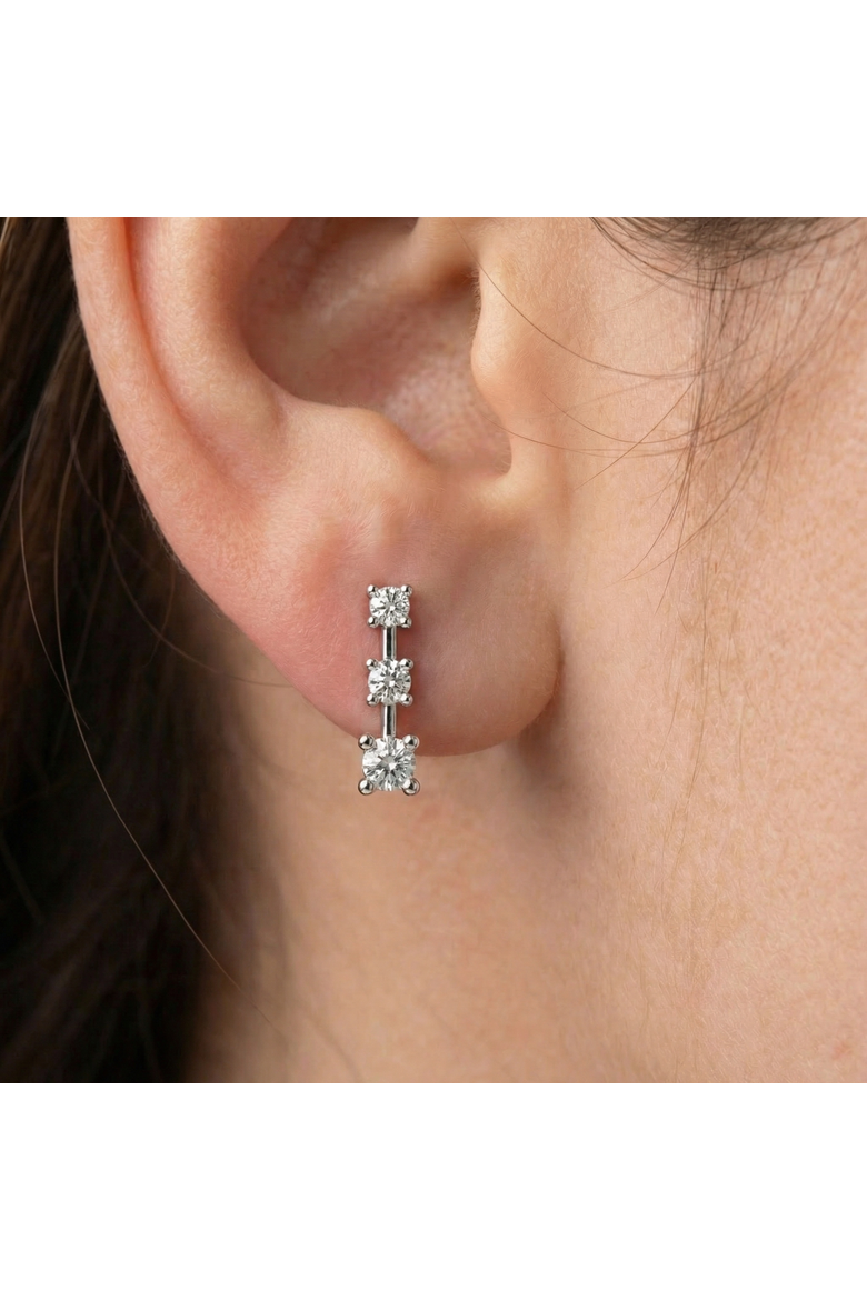 1Ct Three Stone Drop Earrings 10k Gold Lab Grown 5/8" Tall Push Back, Alternate, color, 10k White Gold