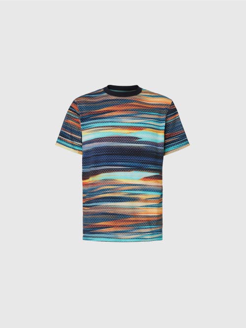 Missoni Cotton Crewneck T-shirt With Slub Zigzag Print In Blue