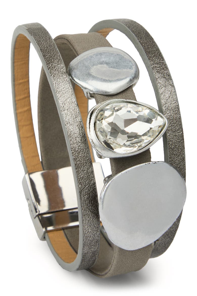 Crystal & Hammered Charm Layered Bracelet, Main, color, GREY