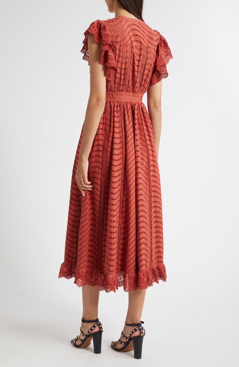 Ulla Johnson Olga Flutter Sleeve Midi Dress, Alternate, color, Claret