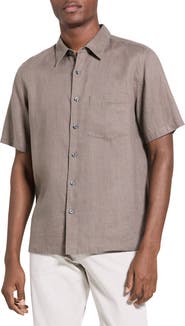 Theory Irving Solid Short Sleeve Linen Button-Up Shirt