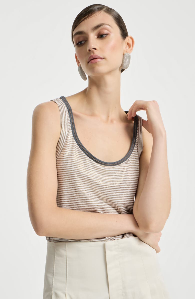 Brunello Cucinelli Striped jersey top with monili, Alternate, color, Brown