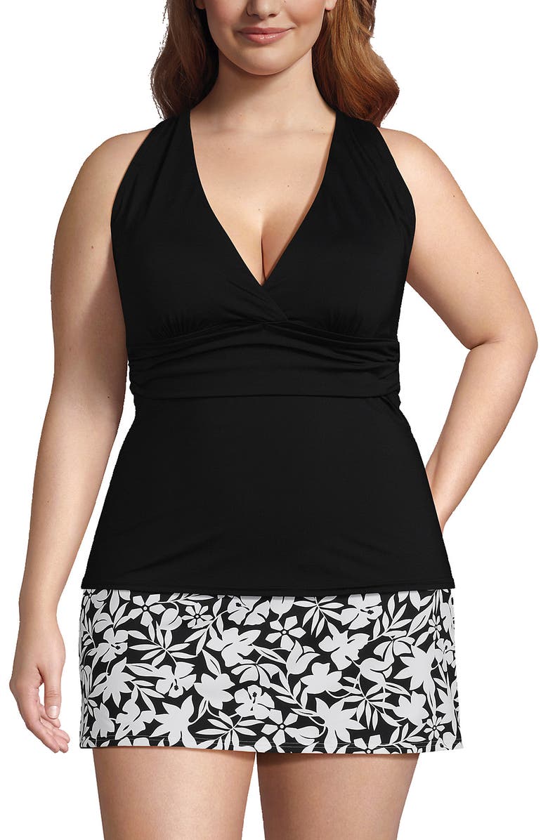Lands' End Chlorine Resistant Plunge X-Back Tankini Swimsuit Top, Main, color, Black