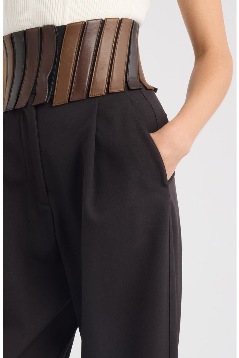 High Waist Wool Gabardine Straight Leg Pants with Leather Belt, Alternate, color, EBENE
