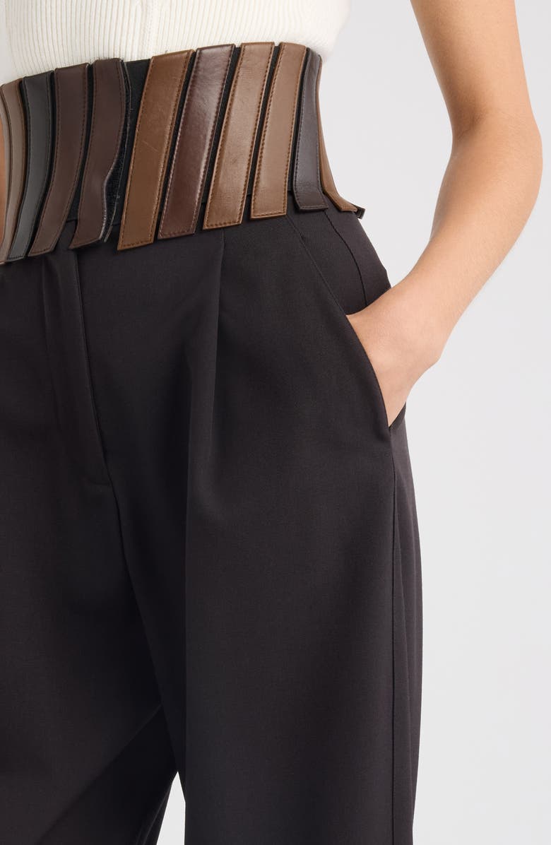 Alaïa High Waist Wool Gabardine Straight Leg Pants with Leather Belt, Alternate, color, Ebene