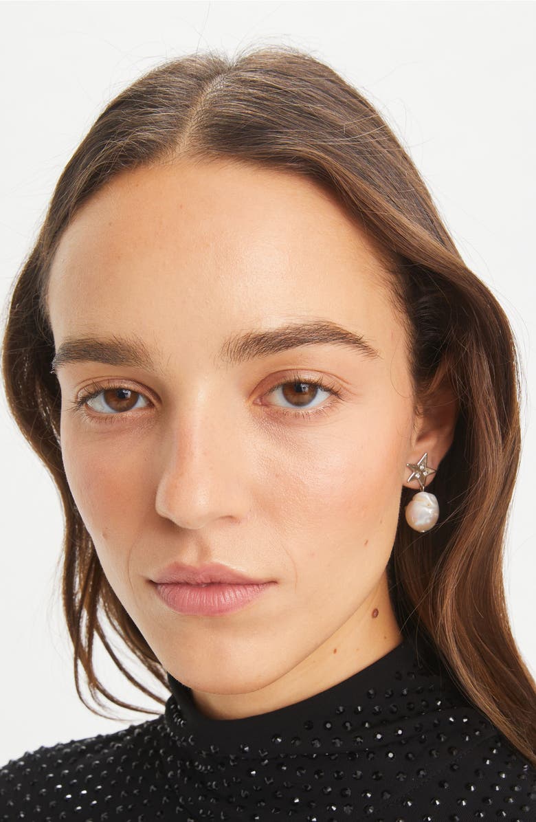 Tory Burch Star Cultured Pearl Drop Earrings, Alternate, color, Tory Silver / Pearl / Crystal