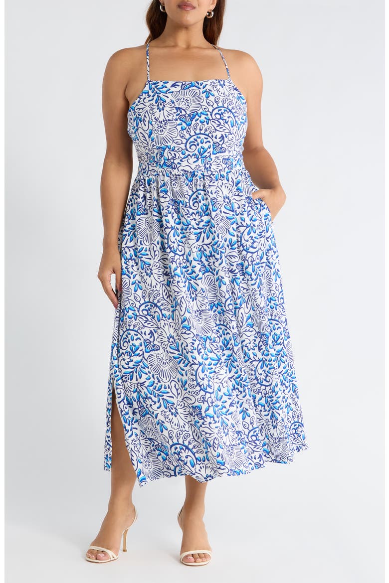 Mize Floral Mavis Crisscross Midi Dress, Main, color, WHITE BLUES