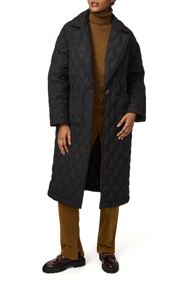 Diamond Quilted Long Coat, Main, color, BLACK